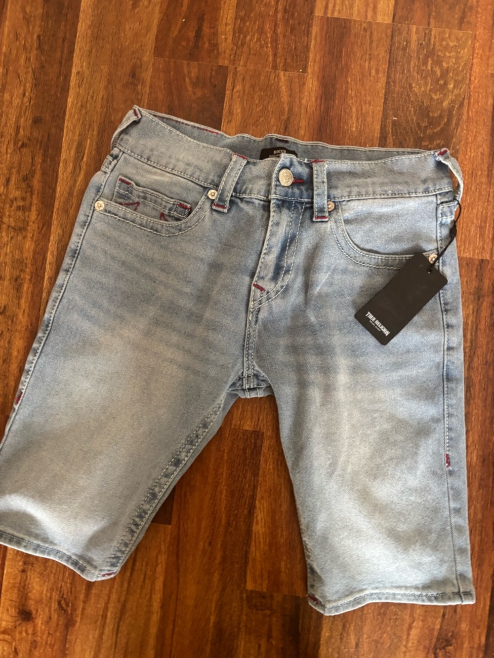 True Religion Light Blue Denim Shorts with Red Stitching